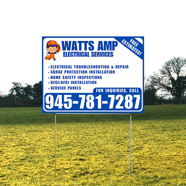 Electricians - Electrical troubleshooting & repair, Surge protection installation, Home safety inspections, GFCI/AFCI installation, Service panels - Free Estimates! - Plain Blue White Design - YardSigns.com