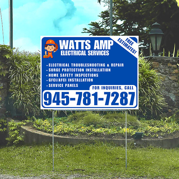 Electricians - Electrical troubleshooting & repair, Surge protection installation, Home safety inspections, GFCI/AFCI installation, Service panels - Free Estimates! - Plain White Blue Design - YardSigns.com