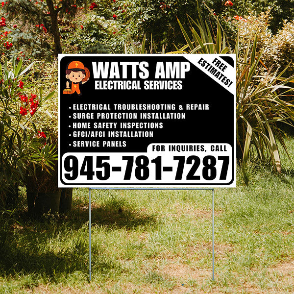 Electricians - Electrical troubleshooting & repair, Surge protection installation, Home safety inspections, GFCI/AFCI installation, Service panels - Free Estimates! - Plain White Black Design - YardSigns.com