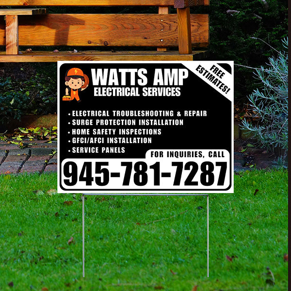 Electricians - Electrical troubleshooting & repair, Surge protection installation, Home safety inspections, GFCI/AFCI installation, Service panels - Free Estimates! - Plain White Black Design - YardSigns.com