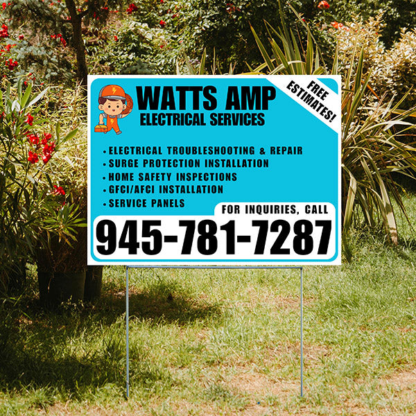 Electricians - Electrical troubleshooting & repair, Surge protection installation, Home safety inspections, GFCI/AFCI installation, Service panels - Free Estimates! - Plain White Aqua Blue Design - YardSigns.com