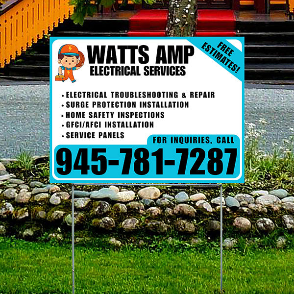 Electricians - Electrical troubleshooting & repair, Surge protection installation, Home safety inspections, GFCI/AFCI installation, Service panels - Free Estimates! - Plain Aqua Blue White Design - YardSigns.com