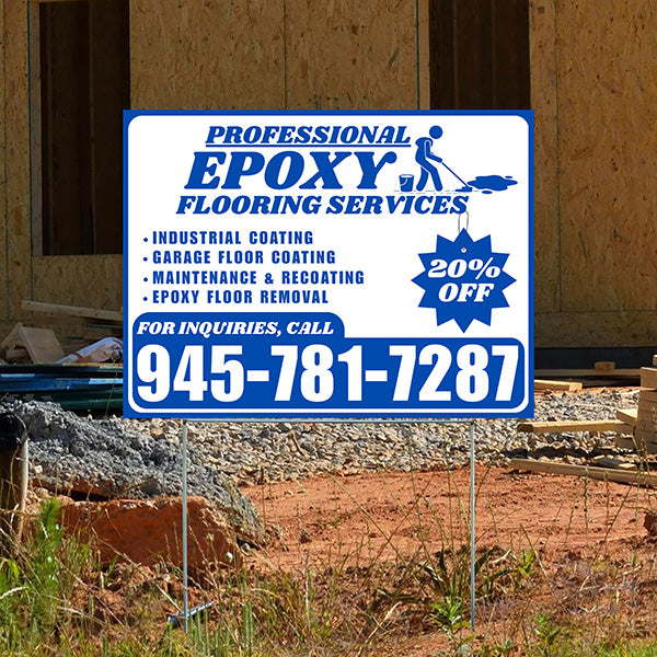 Epoxy Flooring Services - Industrial Coating, Garage Floor Coating, Maintenance & Recoating, Epoxy Floor Removal with Discount Tag - Plain Blue White Design - YardSigns.com