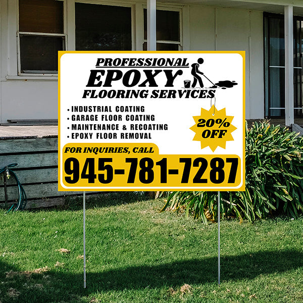 Epoxy Flooring Services - Industrial Coating, Garage Floor Coating, Maintenance & Recoating, Epoxy Floor Removal with Discount Tag - Plain Mustard Gold White Design - YardSigns.com