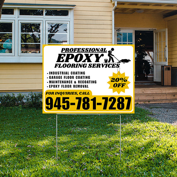 Epoxy Flooring Services - Industrial Coating, Garage Floor Coating, Maintenance & Recoating, Epoxy Floor Removal with Discount Tag - Plain Mustard Gold White Design - YardSigns.com