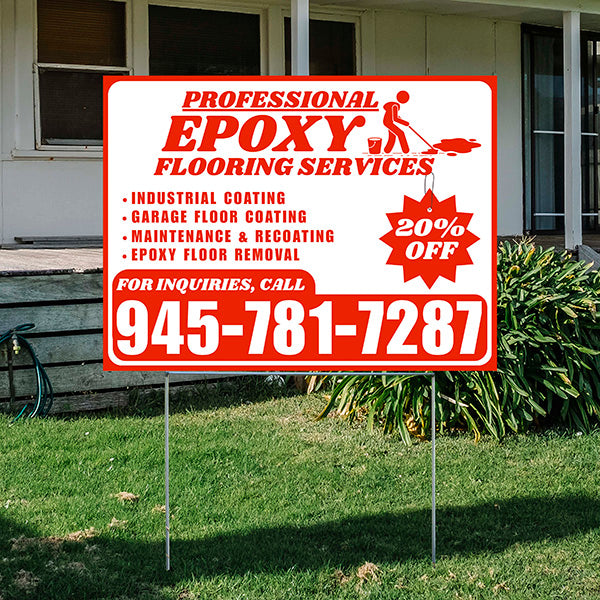 Epoxy Flooring Services - Industrial Coating, Garage Floor Coating, Maintenance & Recoating, Epoxy Floor Removal with Discount Tag - Plain Chili Red White Design - YardSigns.com