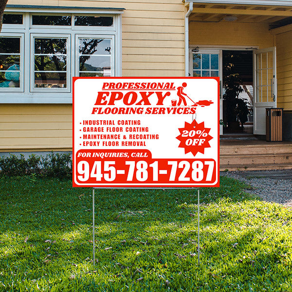 Epoxy Flooring Services - Industrial Coating, Garage Floor Coating, Maintenance & Recoating, Epoxy Floor Removal with Discount Tag - Plain Chili Red White Design - YardSigns.com