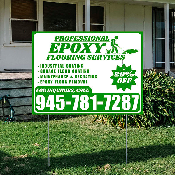 Epoxy Flooring Services - Industrial Coating, Garage Floor Coating, Maintenance & Recoating, Epoxy Floor Removal with Discount Tag - Plain Green White Design - YardSigns.com