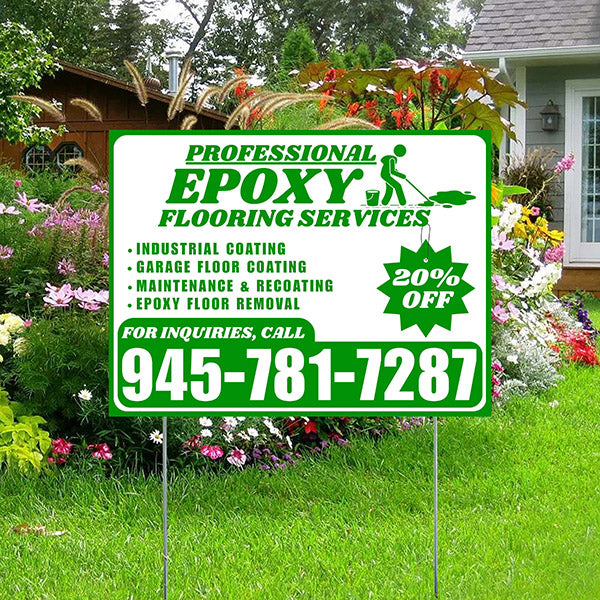 Epoxy Flooring Services - Industrial Coating, Garage Floor Coating, Maintenance & Recoating, Epoxy Floor Removal with Discount Tag - Plain Green White Design - YardSigns.com