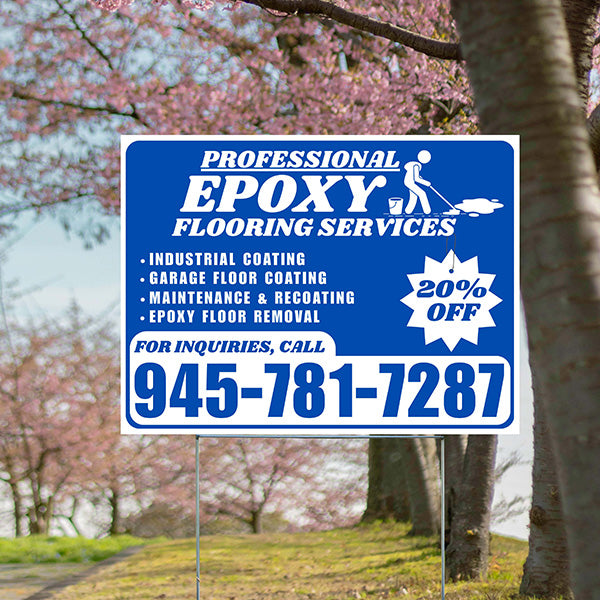 Epoxy Flooring Services - Industrial Coating, Garage Floor Coating, Maintenance & Recoating, Epoxy Floor Removal with Discount Tag - Plain White Blue Design - YardSigns.com