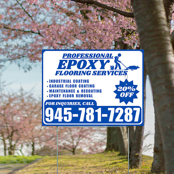 Epoxy Flooring Services - Industrial Coating, Garage Floor Coating, Maintenance & Recoating, Epoxy Floor Removal with Discount Tag - Plain Blue White Design - YardSigns.com