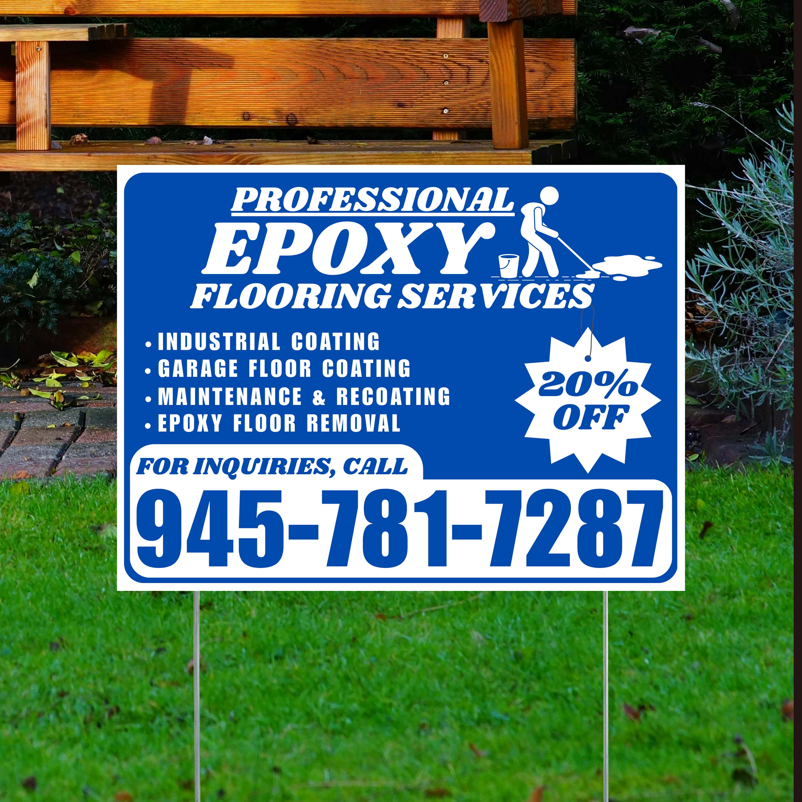 Epoxy Flooring Services - Industrial Coating, Garage Floor Coating, Maintenance & Recoating, Epoxy Floor Removal with Discount Tag - Plain White Blue Design - YardSigns.com