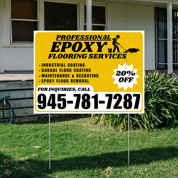 Epoxy Flooring Services - Industrial Coating, Garage Floor Coating, Maintenance & Recoating, Epoxy Floor Removal with Discount Tag - Plain White Mustard Gold Design - YardSigns.com