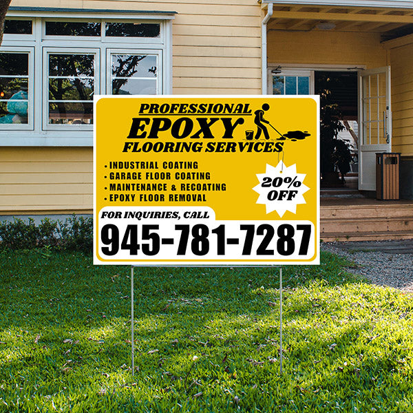 Epoxy Flooring Services - Industrial Coating, Garage Floor Coating, Maintenance & Recoating, Epoxy Floor Removal with Discount Tag - Plain White Mustard Gold Design - YardSigns.com