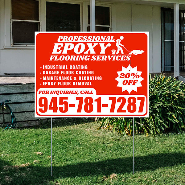 Epoxy Flooring Services - Industrial Coating, Garage Floor Coating, Maintenance & Recoating, Epoxy Floor Removal with Discount Tag - Plain White Chili Red Design - YardSigns.com