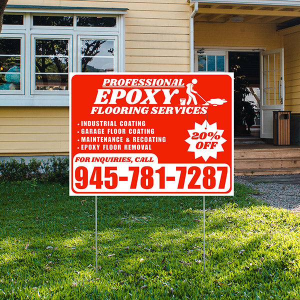 Epoxy Flooring Services - Industrial Coating, Garage Floor Coating, Maintenance & Recoating, Epoxy Floor Removal with Discount Tag - Plain White Chili Red Design - YardSigns.com