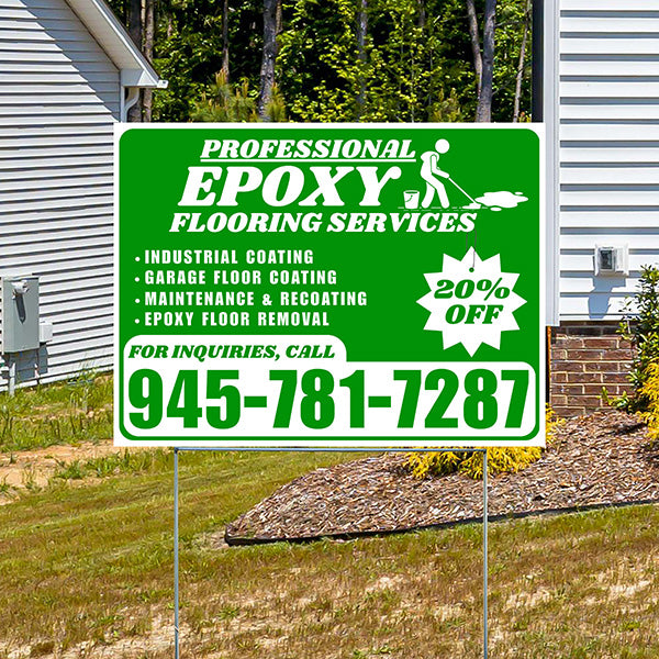 Epoxy Flooring Services - Industrial Coating, Garage Floor Coating, Maintenance & Recoating, Epoxy Floor Removal with Discount Tag - Plain White Green Design - YardSigns.com