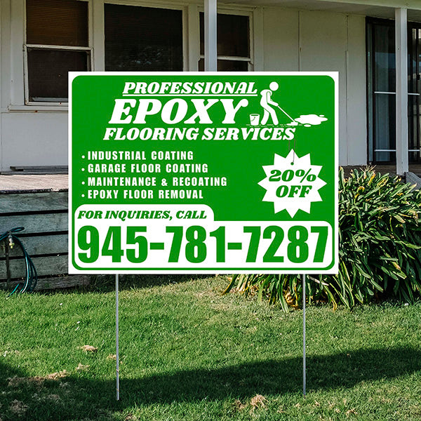 Epoxy Flooring Services - Industrial Coating, Garage Floor Coating, Maintenance & Recoating, Epoxy Floor Removal with Discount Tag - Plain White Green Design - YardSigns.com