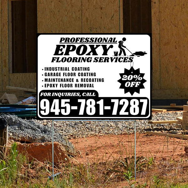 Epoxy Flooring Services - Industrial Coating, Garage Floor Coating, Maintenance & Recoating, Epoxy Floor Removal with Discount Tag - Plain Black White Design - YardSigns.com