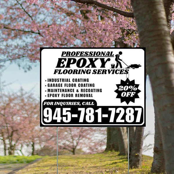 Epoxy Flooring Services - Industrial Coating, Garage Floor Coating, Maintenance & Recoating, Epoxy Floor Removal with Discount Tag - Plain Black White Design - YardSigns.com