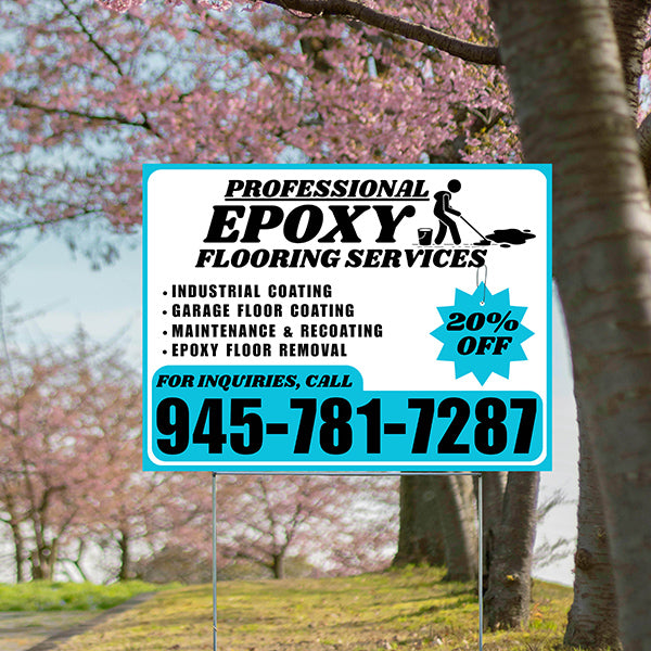 Epoxy Flooring Services - Industrial Coating, Garage Floor Coating, Maintenance & Recoating, Epoxy Floor Removal with Discount Tag - Plain Aqua Blue White Design - YardSigns.com