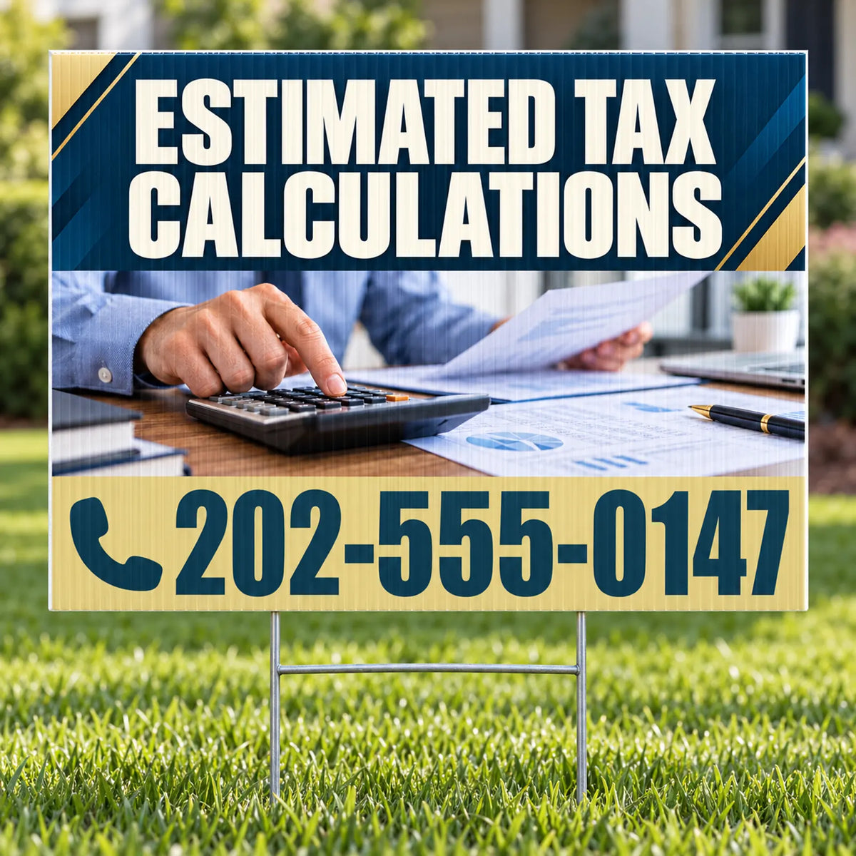 A rectangular yard sign on a metal stand placed in green grass, featuring the text 'ESTIMATED TAX CALCULATIONS' at the top and a large phone number at the bottom. The center of the sign shows a photo of a person using a calculator at a desk with papers.