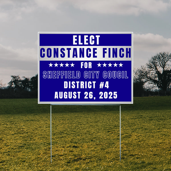 Campaign sign for Constance Finch running for Sheffield City Council District #4 election on August 26, 2025, placed in a grassy field.