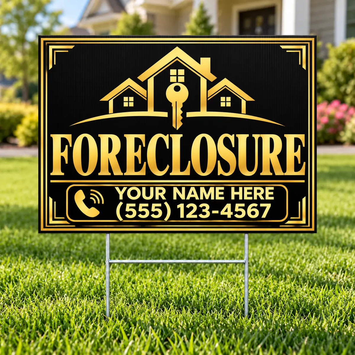 Real Estate - Foreclosure - Gold Black Frame YardSigns.com