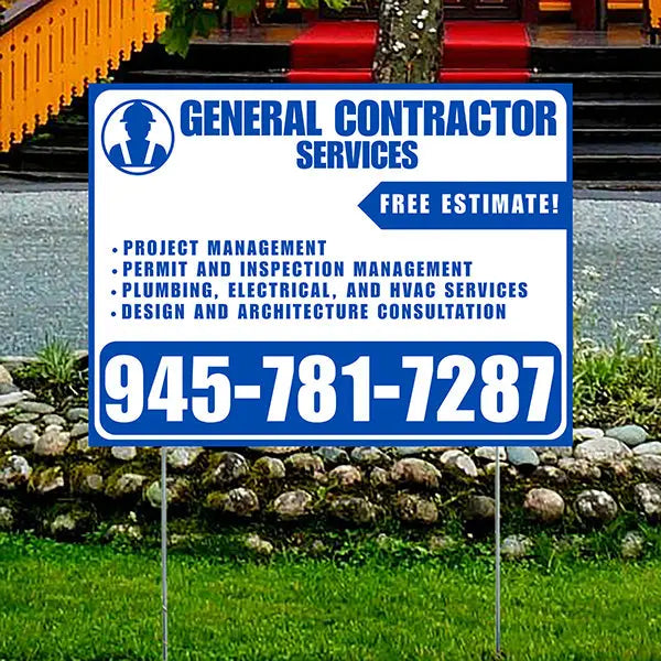 General Contractor Services - Project Management, Permit and Inspection Management, Plumbing, Electrical, and HVAC Services, Design and Architecture Consultation with Free Estimate - Plain White Blue Design YardSigns.com