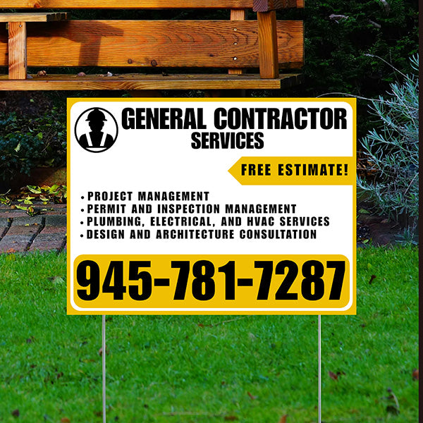 General Contractor Services - Project Management, Permit and Inspection Management, Plumbing, Electrical, and HVAC Services, Design and Architecture Consultation with Free Estimate - Plain Mustard Gold White Design - YardSigns.com