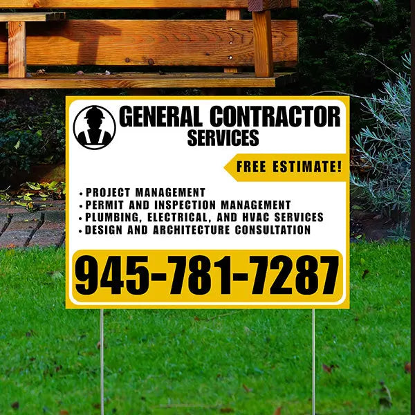 General Contractor Services - Project Management, Permit and Inspection Management, Plumbing, Electrical, and HVAC Services, Design and Architecture Consultation with Free Estimate - Plain White Mustard Gold Design YardSigns.com