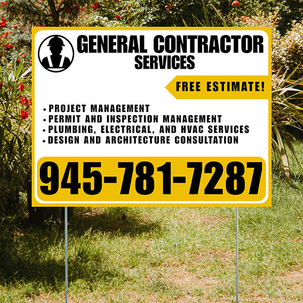 General Contractor Services - Project Management, Permit and Inspection Management, Plumbing, Electrical, and HVAC Services, Design and Architecture Consultation with Free Estimate - Plain Mustard Gold White Design - YardSigns.com