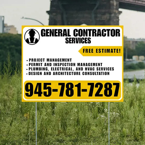 General Contractor Services - Project Management, Permit and Inspection Management, Plumbing, Electrical, and HVAC Services, Design and Architecture Consultation with Free Estimate - Plain White Mustard Gold Design YardSigns.com