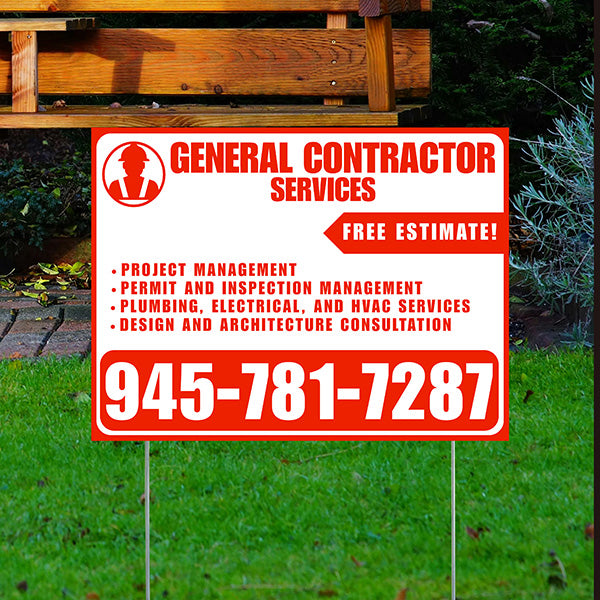 General Contractor Services - Project Management, Permit and Inspection Management, Plumbing, Electrical, and HVAC Services, Design and Architecture Consultation with Free Estimate - Plain Chili Red White Design - YardSigns.com