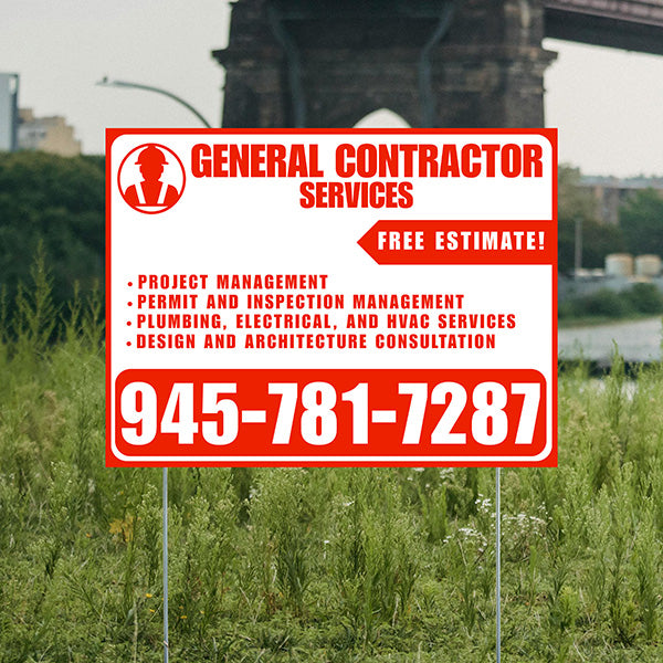 General Contractor Services - Project Management, Permit and Inspection Management, Plumbing, Electrical, and HVAC Services, Design and Architecture Consultation with Free Estimate - Plain Chili Red White Design - YardSigns.com