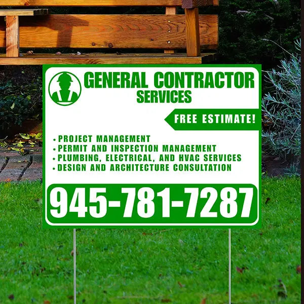 General Contractor Services - Project Management, Permit and Inspection Management, Plumbing, Electrical, and HVAC Services, Design and Architecture Consultation with Free Estimate - Plain White Green Design YardSigns.com