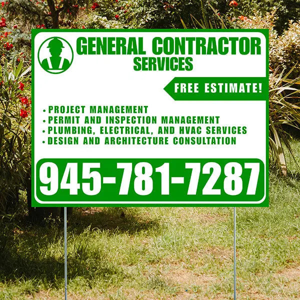 General Contractor Services - Project Management, Permit and Inspection Management, Plumbing, Electrical, and HVAC Services, Design and Architecture Consultation with Free Estimate - Plain White Green Design YardSigns.com