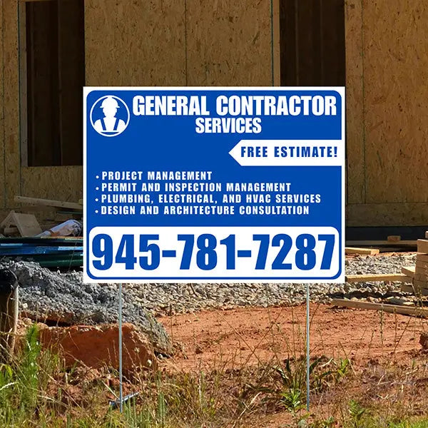 General Contractor Services - Project Management, Permit and Inspection Management, Plumbing, Electrical, and HVAC Services, Design and Architecture Consultation with Free Estimate - Plain Blue White Design YardSigns.com