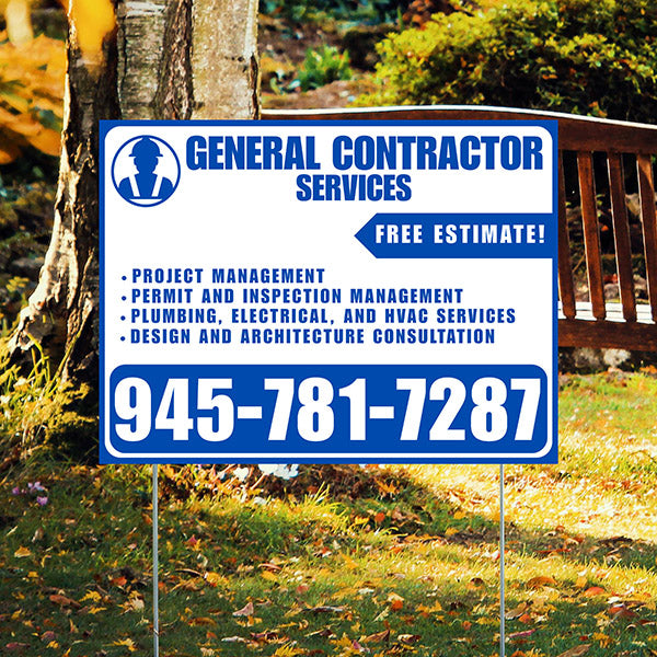 General Contractor Services - Project Management, Permit and Inspection Management, Plumbing, Electrical, and HVAC Services, Design and Architecture Consultation with Free Estimate - Plain Blue White Design - YardSigns.com