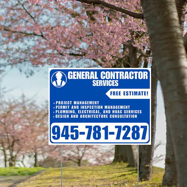 General Contractor Services - Project Management, Permit and Inspection Management, Plumbing, Electrical, and HVAC Services, Design and Architecture Consultation with Free Estimate - Plain Blue White Design YardSigns.com