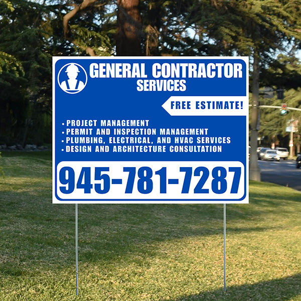 General Contractor Services - Project Management, Permit and Inspection Management, Plumbing, Electrical, and HVAC Services, Design and Architecture Consultation with Free Estimate - Plain White Blue Design - YardSigns.com