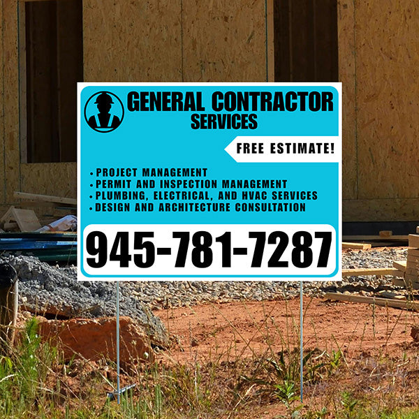 General Contractor Services - Project Management, Permit and Inspection Management, Plumbing, Electrical, and HVAC Services, Design and Architecture Consultation with Free Estimate - Plain White Aqua Blue Design - YardSigns.com