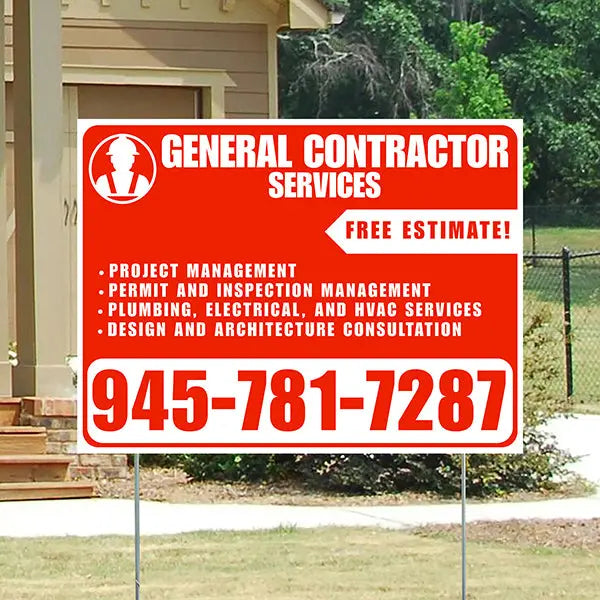 General Contractor Services - Project Management, Permit and Inspection Management, Plumbing, Electrical, and HVAC Services, Design and Architecture Consultation with Free Estimate - Plain Chili Red White Design YardSigns.com