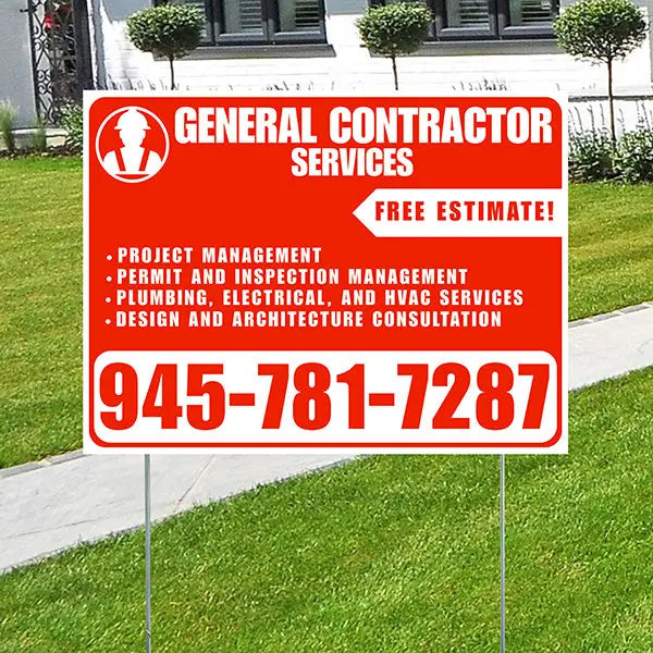 General Contractor Services - Project Management, Permit and Inspection Management, Plumbing, Electrical, and HVAC Services, Design and Architecture Consultation with Free Estimate - Plain Chili Red White Design YardSigns.com