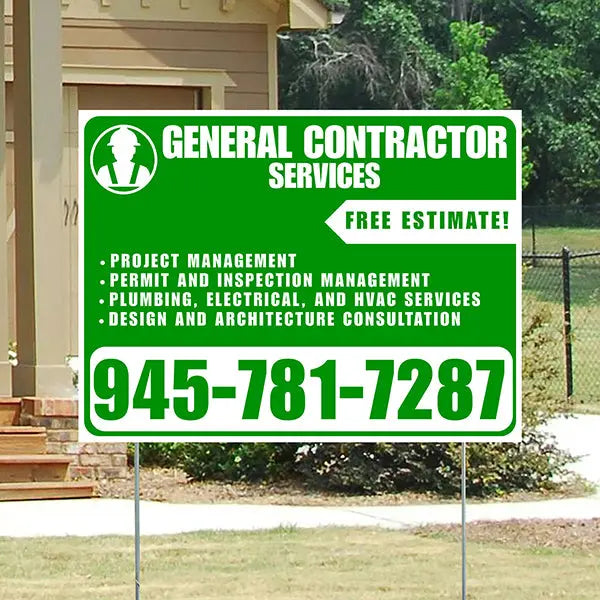 General Contractor Services - Project Management, Permit and Inspection Management, Plumbing, Electrical, and HVAC Services, Design and Architecture Consultation with Free Estimate - Plain Green White Design YardSigns.com