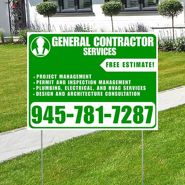 General Contractor Services - Project Management, Permit and Inspection Management, Plumbing, Electrical, and HVAC Services, Design and Architecture Consultation with Free Estimate - Plain Green White Design YardSigns.com