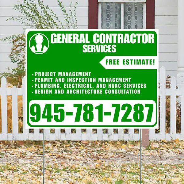 General Contractor Services - Project Management, Permit and Inspection Management, Plumbing, Electrical, and HVAC Services, Design and Architecture Consultation with Free Estimate - Plain Green White Design YardSigns.com