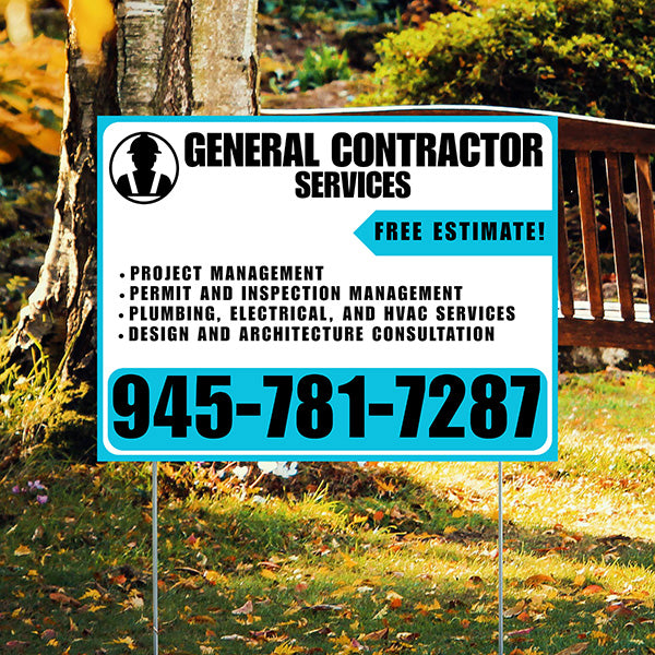 General Contractor Services - Project Management, Permit and Inspection Management, Plumbing, Electrical, and HVAC Services, Design and Architecture Consultation with Free Estimate - Plain Aqua Blue White Design - YardSigns.com