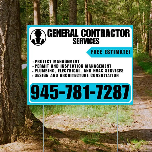 General Contractor Services - Project Management, Permit and Inspection Management, Plumbing, Electrical, and HVAC Services, Design and Architecture Consultation with Free Estimate - Plain White Aqua Blue Design YardSigns.com