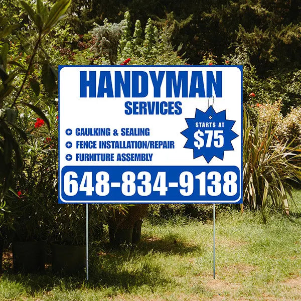 Handyman Services - Caulking & Sealing, Fence Installation, Furniture Assembly - Plain White Blue Design YardSigns.com